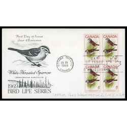 canada stamp 496 white throated sparrow 6 1969 FDC BLOCK 009